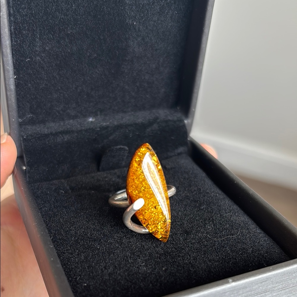Orange Silver Amber Statement Ring